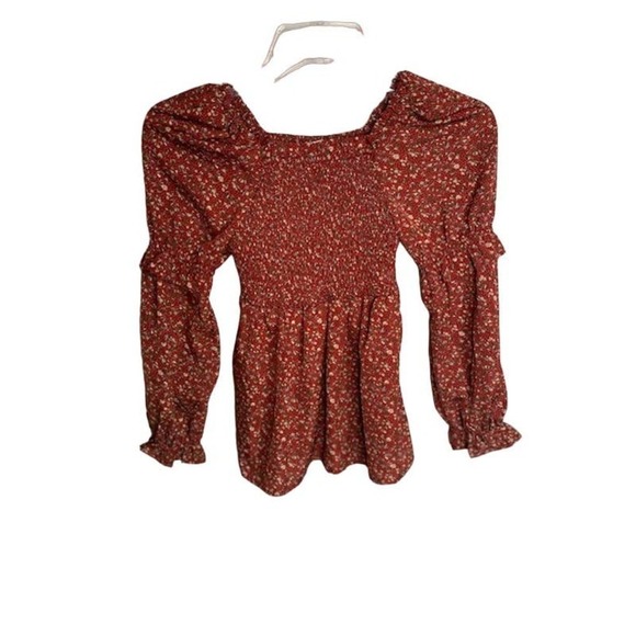 HAYDEN GIRLS RED FLORAL RUFFLE SLEEVES BABY DOLL TOP SZ S - Picture 4 of 6